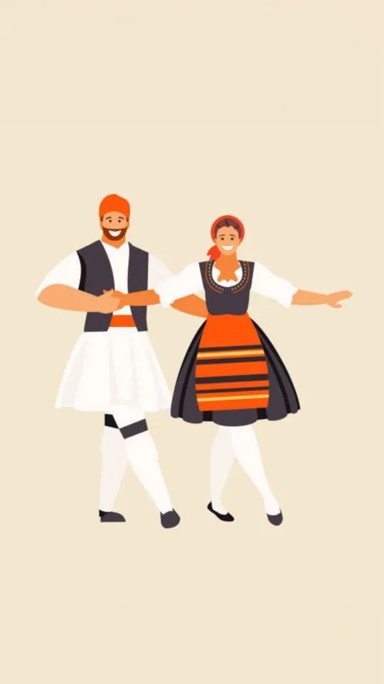 Disegno grafico di coppia di ballerini di sirtaki in abiti tradizionali